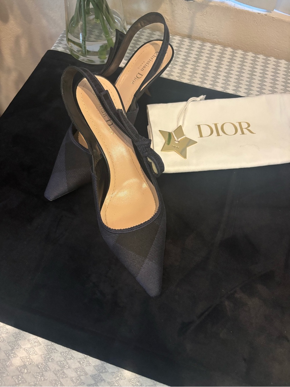 Dior Black Navy Textured Slingback Pointed Heels